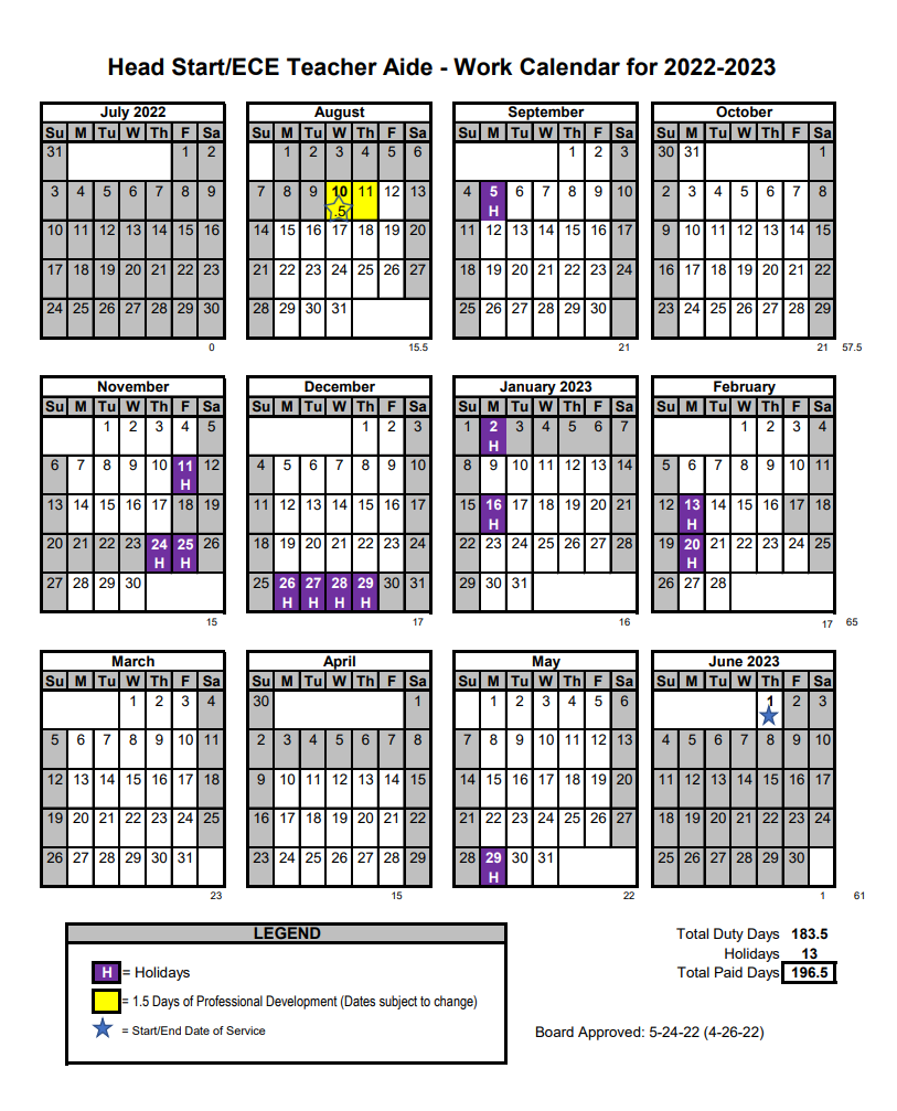 Classified Work Calendars for 20222023 School Year California School